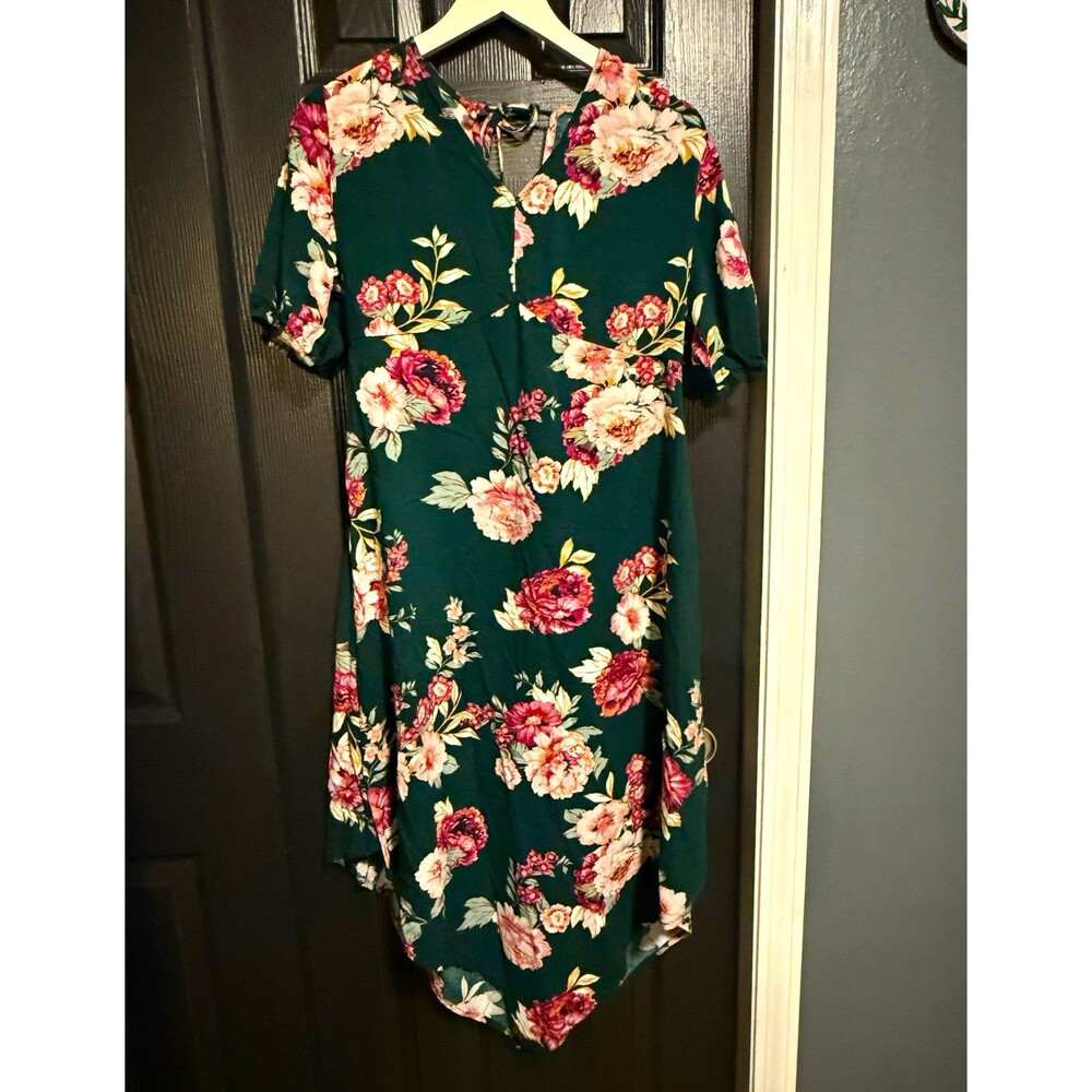 Maurices Large Green Floral Midi Dress High Low Keyhole Back Short Sleeve